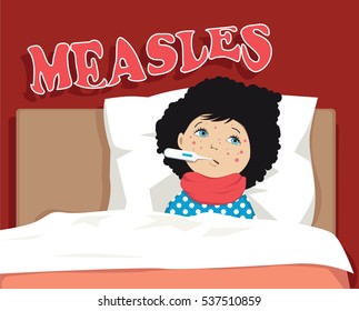 Child, sick with measles, lying in bed, covered with blisters and with a thermometer in the mouth, EPS 8 vector illustration