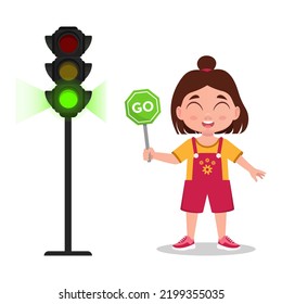 Niño con un cartel a ir. El semáforo muestra una señal verde. Ilustración del vector