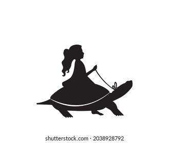 Child silhouete riding a turtle, vector. Little girl and turtle illustration isolated on white background. Wall decals, art, artwork. Sticker design. Cartoon character, kid riding a turtle