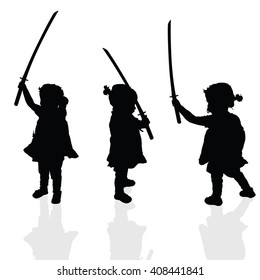 child silhouette black illustration with samurai sword