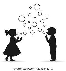 Child silhouette, boy and girl with soap bubbles