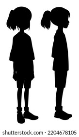 Child Silhouette Isolated Vector. Young Teenager Girl Silhouette. Kid Silhouette With Ponytail Hairstyle. Child Silhouette Full Body. Teenager Front Standing And Side View. 