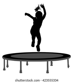 Child silhouette jumping on garden trampoline vector illustration. Happy girl jumping on trampoline.