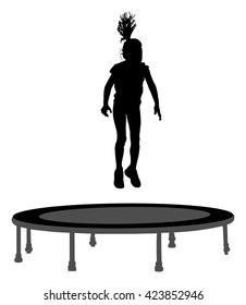 Child silhouette jumping on garden trampoline vector illustration. Happy girl jumping on trampoline.