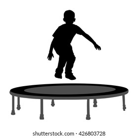 Child silhouette jumping on garden trampoline vector illustration. Happy boy jumping on trampoline.