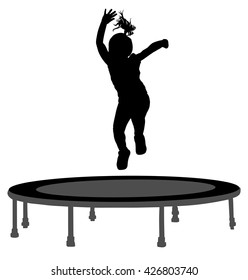 Child silhouette jumping on garden trampoline vector illustration. Happy girl jumping on trampoline.