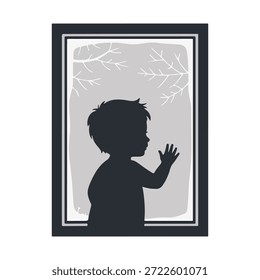 Child silhouette looking out window vector illustration. Dreamy silhouette of a little kid standing at window touching pane in thoughtful pose, great for winter scenes and childhood wonder illustrations. Clean black vector child profile with subtle outdoor branches, versatile for storytelling, invitations, and sentimental digital artwork.