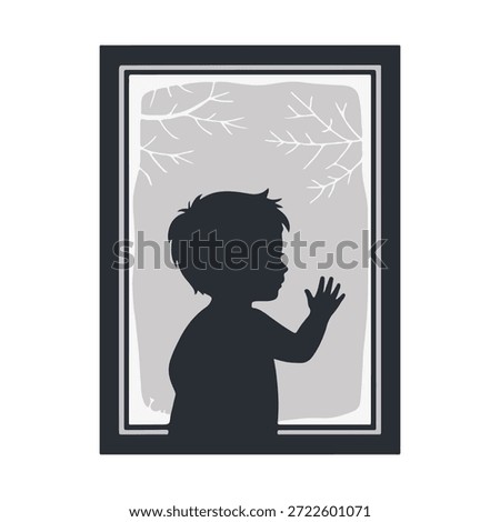 Child silhouette looking out window vector illustration. Dreamy silhouette of a little kid standing at window touching pane in thoughtful pose, great for winter scenes and childhood wonder illustrations. Clean black vector child profile with subtle outdoor branches, versatile for storytelling, invitations, and sentimental digital artwork.