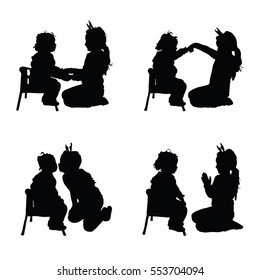child silhouette pretty playing set in black color art illustration