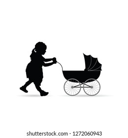 child silhouette pushes a baby carriage on white