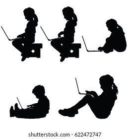 Child Silhouette Sitting With Laptop Art Illustration