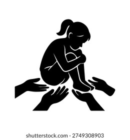Child silhouette sitting on multiple hands, symbolizing care, safety, and community support