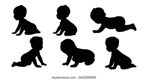 Silhuetas infantis em pose diferente. Silhuetas de bebê de pé, sentado, rastejando, e deitado conjunto. Coleção de ilustrações vetoriais