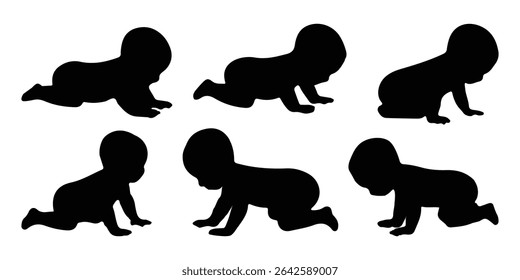Silhuetas infantis em pose diferente. Silhuetas de bebê de pé, sentado, rastejando, e deitado conjunto. Coleção de ilustrações vetoriais