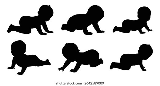 Silhuetas infantis em pose diferente. Silhuetas de bebê de pé, sentado, rastejando, e deitado conjunto. Coleção de ilustrações vetoriais