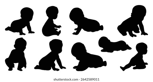 Silhuetas infantis em pose diferente. Silhuetas de bebê de pé, sentado, rastejando, e deitado conjunto. Coleção de ilustrações vetoriais