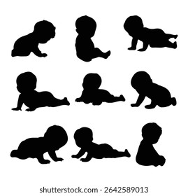 Silhuetas infantis em pose diferente. Silhuetas de bebê de pé, sentado, rastejando, e deitado conjunto. Coleção de ilustrações vetoriais