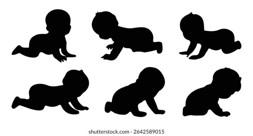 Silhuetas infantis em pose diferente. Silhuetas de bebê de pé, sentado, rastejando, e deitado conjunto. Coleção de ilustrações vetoriais