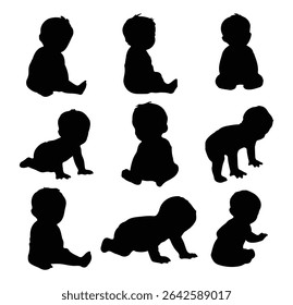 Silhuetas infantis em pose diferente. Silhuetas de bebê de pé, sentado, rastejando, e deitado conjunto. Coleção de ilustrações vetoriais
