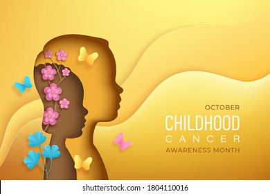 Child Silhouettes In Paper Cut Style With Shadow On A Golden Background. October Is World Breast Cancer Awareness Month. Front View Kids, Flowers, Branches, Butterflyes. Vector Illustration.