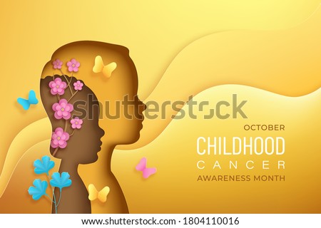 Child silhouettes in paper cut style with shadow on a golden background. October is world breast cancer awareness month. Front view kids, flowers, branches, butterflyes. Vector illustration.