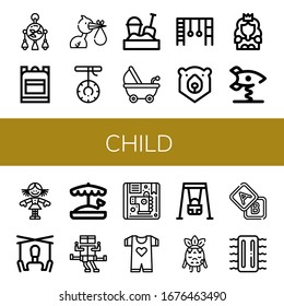 child simple icons set. Contains such icons as Mobile toy, School bag, Stork, Swing, Sandbox, Stroller, Monkey bars, Bear, Princess, Spring swing rocket, can be used for web, mobile and logo