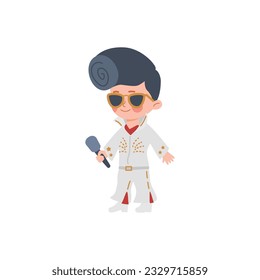 Child singer or rock and roll star in pop star costume, flat vector illustration isolated on white background. Kids professional orientation and extracurricular activity.