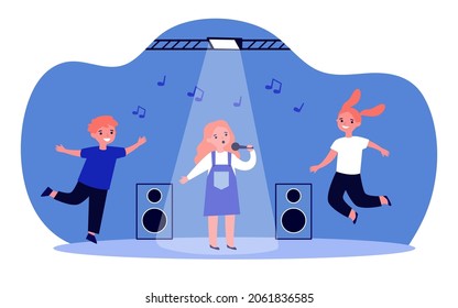 Cantan canciones de cantantes infantiles en la fiesta de karaoke. Niños adorables bailando música en la ilustración vectorial plana del escenario. Entretenimiento, concepto de infancia para banner, diseño de sitios web o página web de aterrizaje