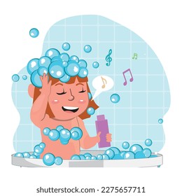 child singing in shower vector illustration. cartoon kid bathing in bathroom, face standing under running warm water in soap suds on wet body for singing song, washing and relaxing healthy bath time.