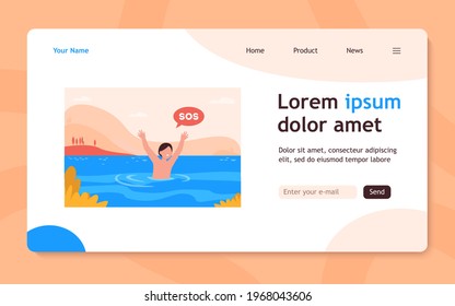 Child sinking in lake. Kid shouting, calling for help. Flat vector illustration. Children on beach, danger, warning, hazard concept for banner, website design or landing web page