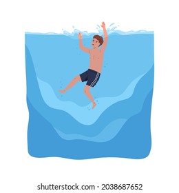 Niño hundiéndose en el agua. Niños en peligro durante la natación en el mar. Niño ahogándose y pidiendo ayuda con las manos. Accidente submarino. Ilustración vectorial plana del nadador en pánico aislado en fondo blanco