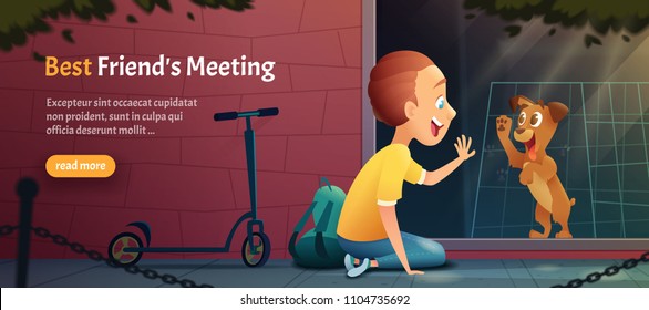 Child siting near a pet shop window and looking at a puppy dog. Kid and  dog meeting . Vector cartoon illustration.