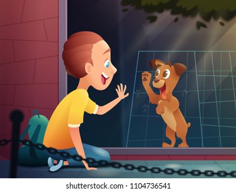 Child siting near a pet shop window and looking at a puppy dog. Kid and  dog meeting . Vector cartoon illustration.