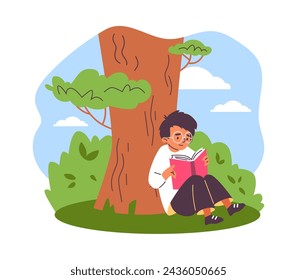 A child sits against a tree immersed in a book, surrounded by greenery under a blue sky in this tranquil vector illustration.