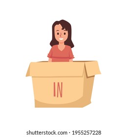 Child sits in box with written In preposition, flat vector illustration isolated.