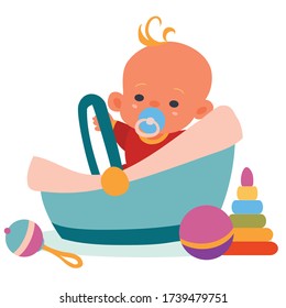 the child sits in a carrier, toys lie around, a rattle, a pyramid, a ball, an isolated object on a white background, vector illustration,