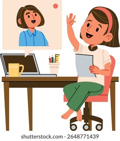 A child sits at a desk engaging in an online class with a laptop and papers. A virtual meeting shows a teacher on the screen interacting with the student. Cartoon vector illustration.
