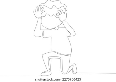 Un niño se sienta por un dolor de cabeza. Dibujo de una línea de hipertensión