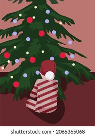 A child sits in front of a Christmas tree in a New Year's costume and a hat with a pompom. Flat vector new year illustration.