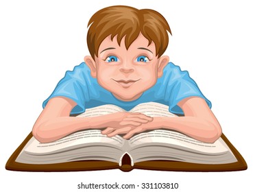 Child sits in front of an open book. Isolated on white