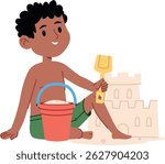 A child sits happily with a bucket and spade next to a sandcastle in a playful cartoon style. A young boy enjoys beach activities with a toy shovel and pail. Cartoon vector illustration.