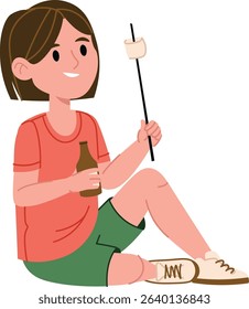 A child sits holding a marshmallow on a stick in a playful cartoon style. The kid enjoys a drink while preparing a treat over a campfire. Cartoon vector illustration.