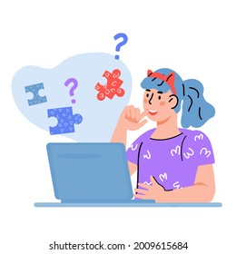 Child sits at laptop and studying online at home, looking for answers and information in network. Distance learning and homeschooling concept, cartoon vector illustration isolated on white background.