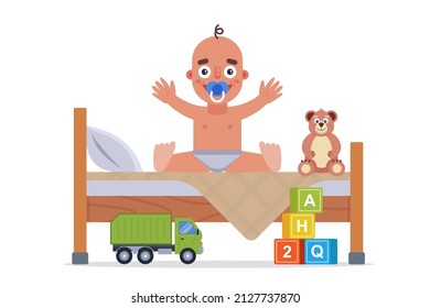 child sits on a children bed bedroom for a child. flat vector illustration.