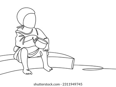 The child sits on the curb and begs. Homeless child. International Day for the Eradication of Poverty. One line drawing for different uses. Vector illustration.