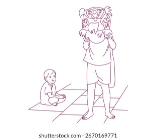 Uma criança senta-se no chão observando outra criança usando uma máscara de dança de leão brincalhão, criando uma cena animada e festiva