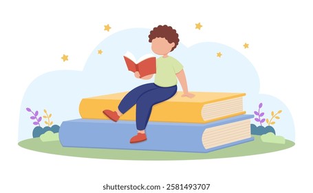 A child sits on oversized books, reading a red book. The background features plants, stars, and a light blue sky, knowledge and learning concept