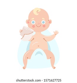 The child sits on a potty with toilet paper in his hands. Vector illustration in flat cartoon style.