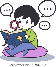 Child Sitting and Analyzing the Bible Vector Art. Perfect for themes of Bible study, spiritual curiosity, and faith exploration