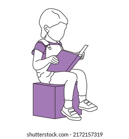 The child is sitting with a book or magazine. Reads or examines pictures. Minimalism. Linart and color.